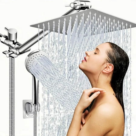 Shower Head Combo,8 Inch High Pressure Rain Shower Head with 11 Inch Adjustable Extension Arm and 5 Settings Handheld Shower Head Combo,Powerful Shower Spray Against Low Pressure Water with Long Hose
