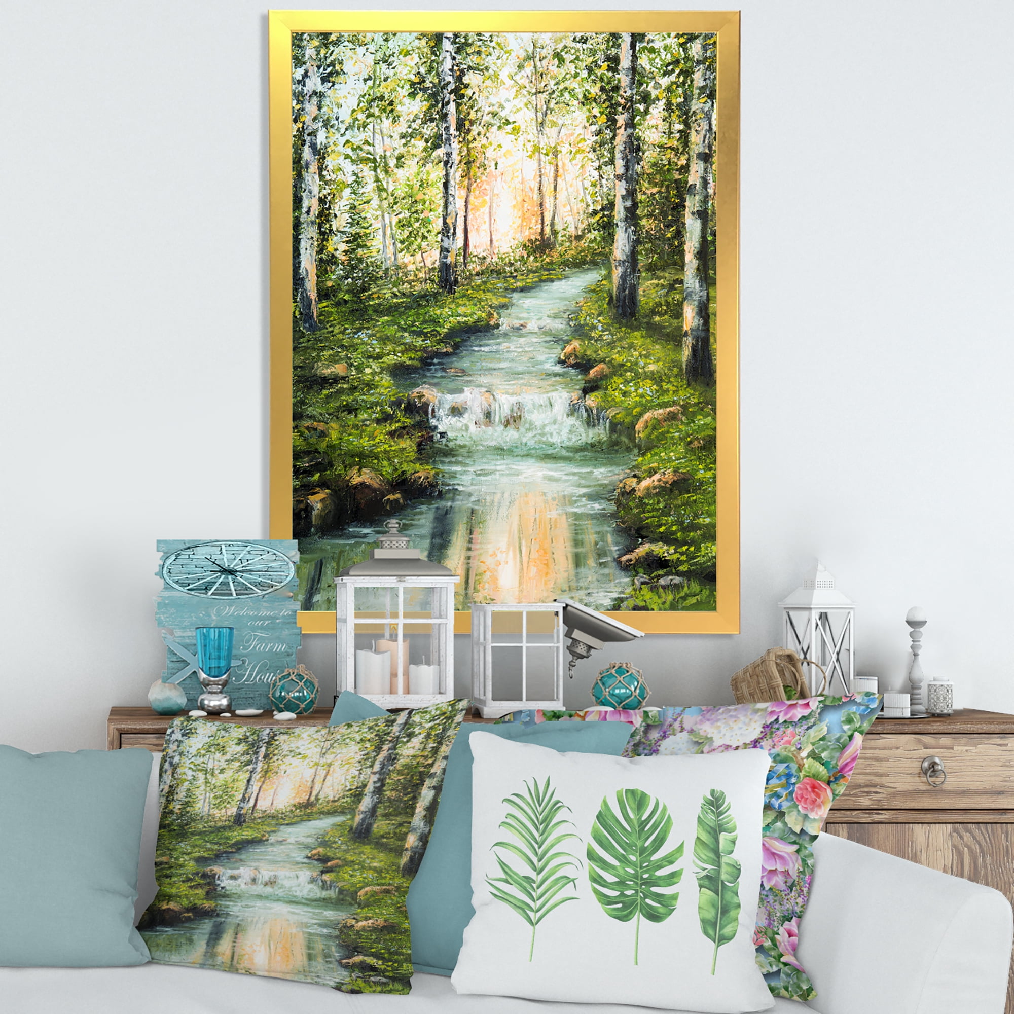 Designart 'River Through Green Birch Forest' Lake House Framed Art Print