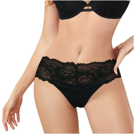 XFLWAM Women s Lace Thongs T Back Low Waist See Through Panties Sexy Seamless V-Shape Design Lace Thongs for Women Black M