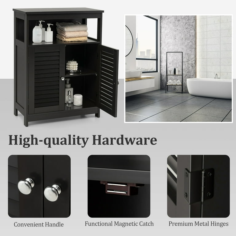 Tall Bathroom Floor Cabinet with Shutter Doors and Adjustable Shelf-Black | Costway