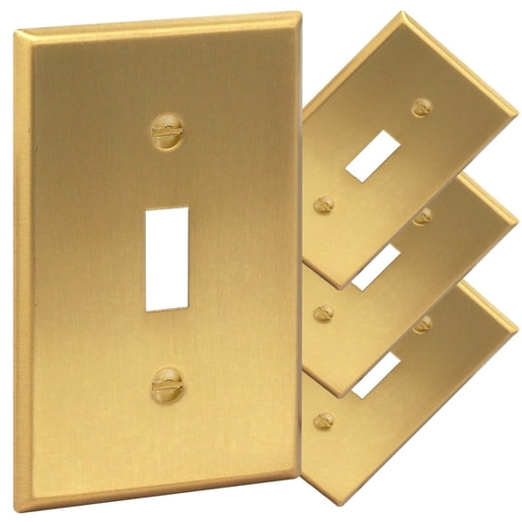 Rio Salto BRASS Metal Gold Toggle Light Switch Covers, 4-Pack STANDARD SIZE, Wall Plate Single Toggle Switch Wallplate Decorative Gold 1 Gang Wall Switch Plate Covers Genuine Brushed Brass