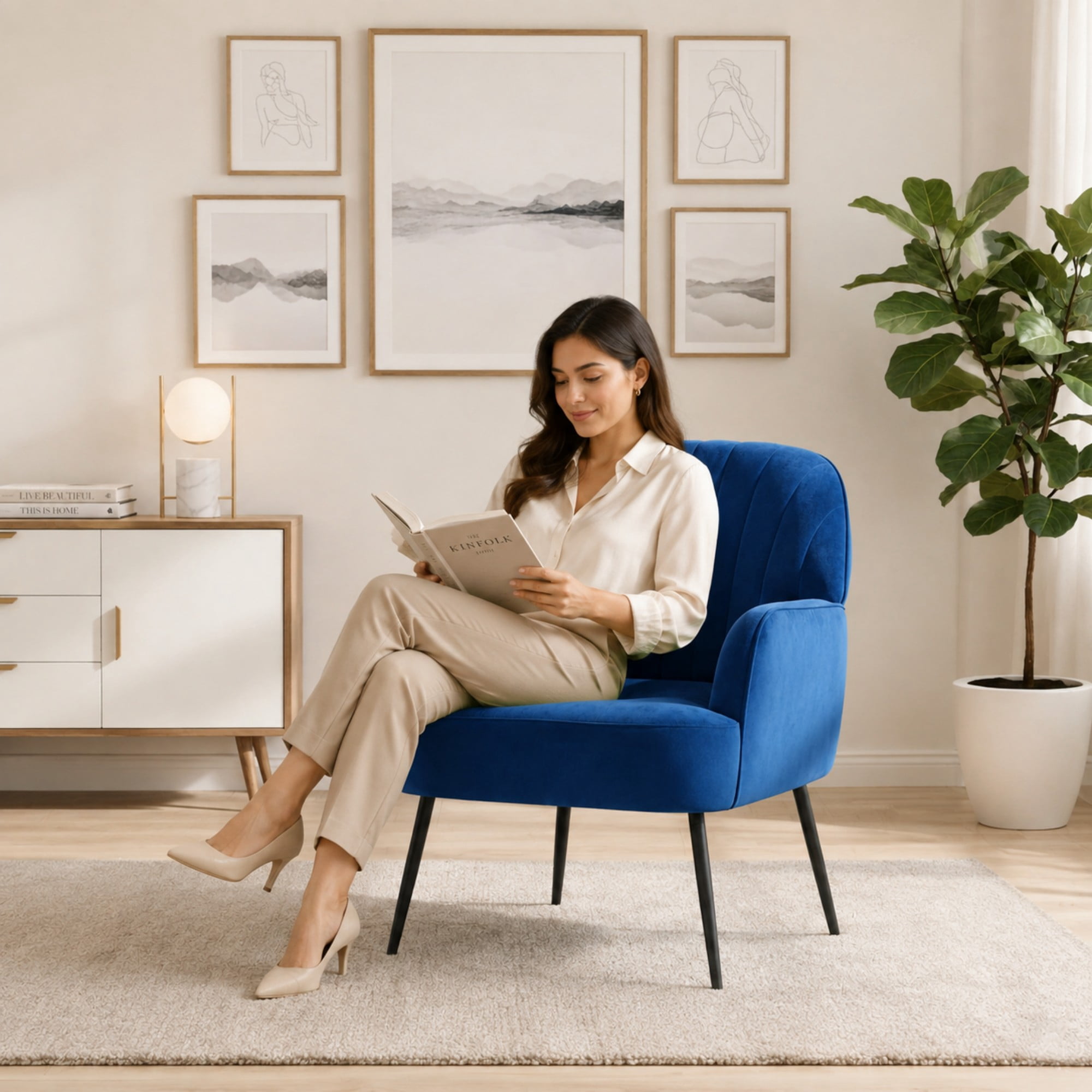 BSHTI 25" Velvet Upholstered Accent Chair with Shell-Shaped Tufted Backrest, Padded Armrests, Metal Legs for Living Room Bedroom()