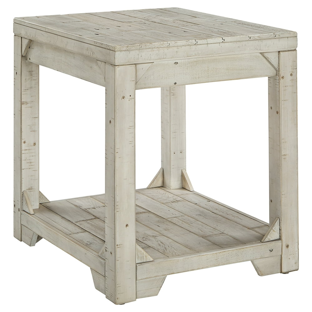Farmhouse Style Wooden End Table with Plank Design Open Shelf, White