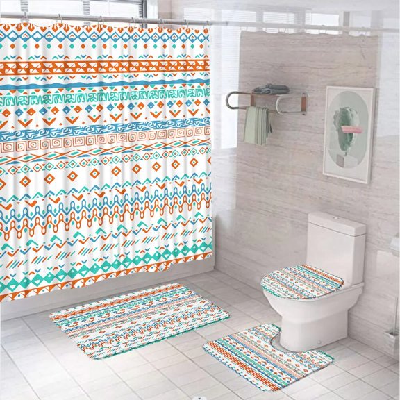 Vintage Geometry Shower Curtain Sets Ethnic Style Colorful Art Bathroom Curtains Non-Slip Bath Mat Pedestal Rug Lid Toilet Cover