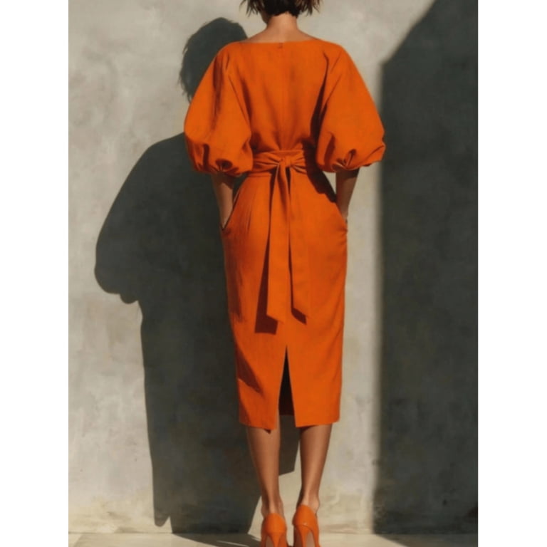 orange boat neck dress /// Orange Womens Elegant Mid-Length Dress With Boat Neck, 3/4 Puffed Sleeve, And Pockets, Women's, Size: Large