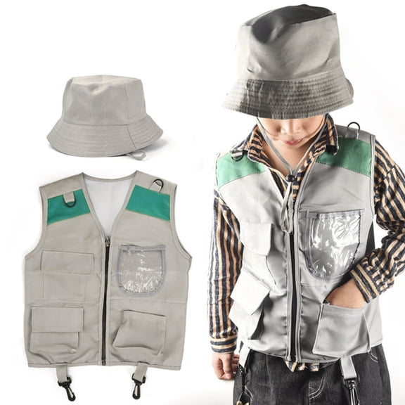 Kids Cargo Vest Hat Set Outdoor with Pockets for Girls Camping Fishing Adventure Dress Up