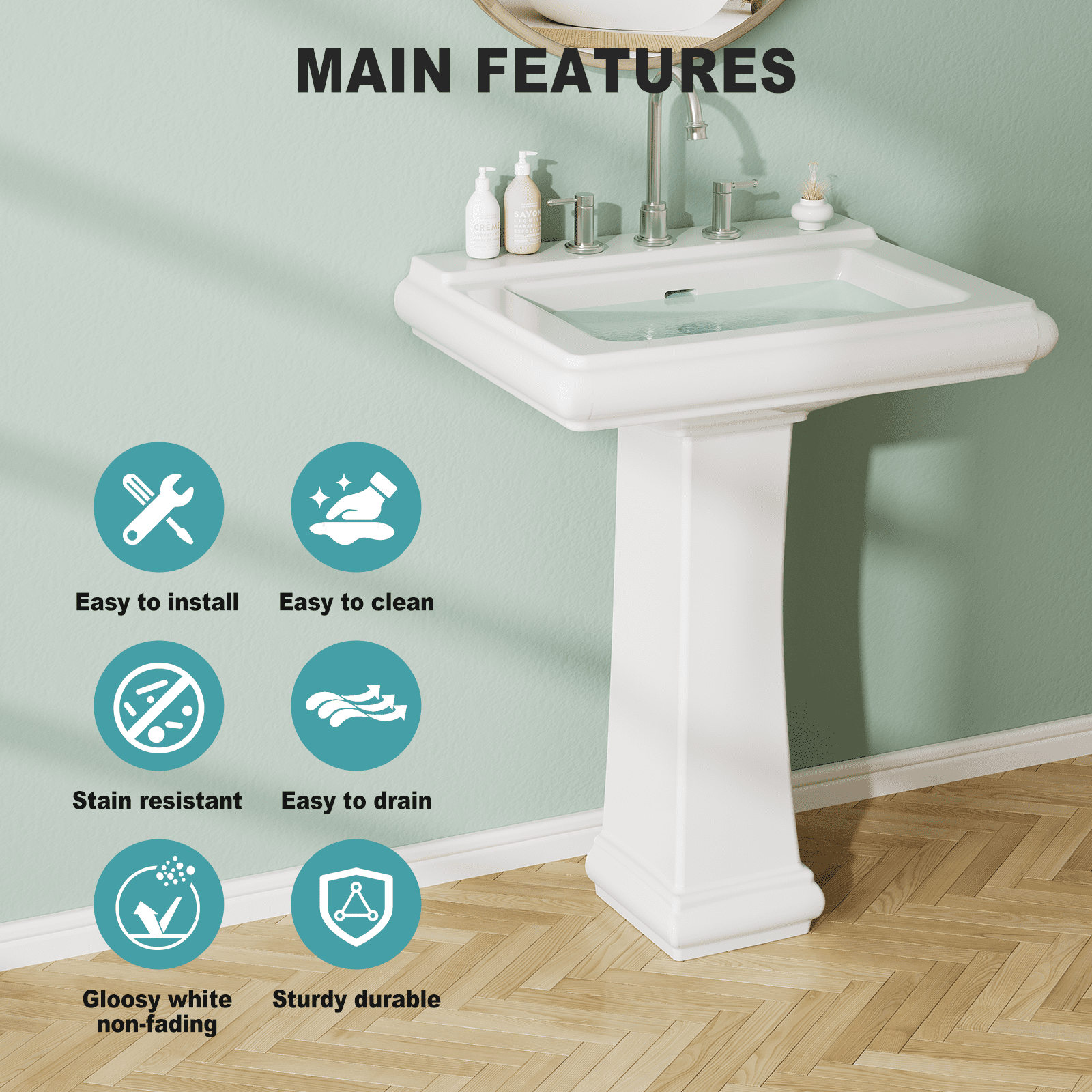 Luku Bathroom Pedestal Sinks, Rectangular Pedestal Sink Modern White Ceramic Pedestal Bathroom Sink Fits 4 in Faucets