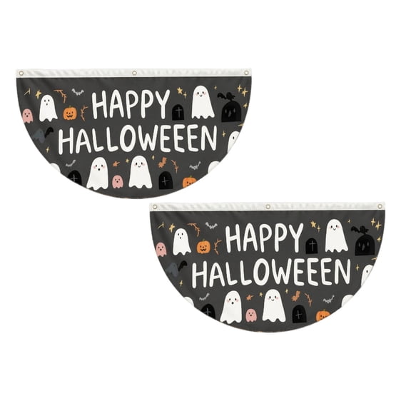 2Pcs Happy Halloween Half Circle Bunting Flag 35.4"X17.7", Fan Shape Half Fan Banner, Fade Resistant, Indoor Outdoor Porch Fence Yard Wall Garden Decor
