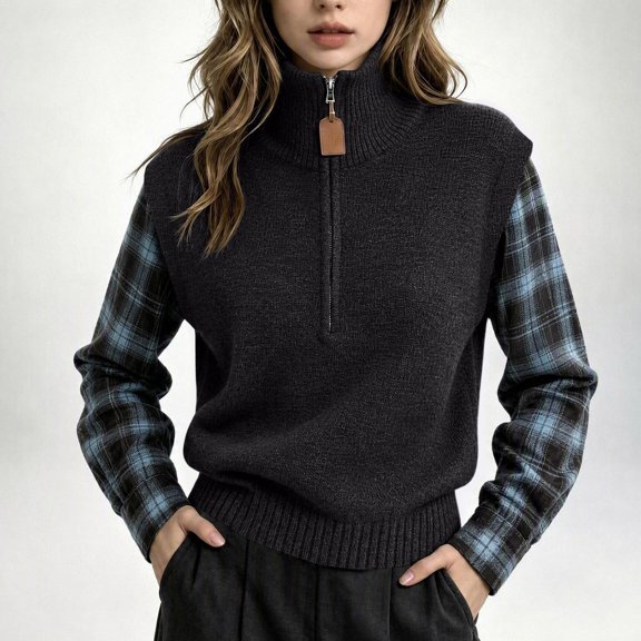 THNCYX Half Zip High Neck Long Sleeve Knit Tops For Women Colorblock Casual Winter Sweaters Soft Comfort Womens Sweaters Modern Look