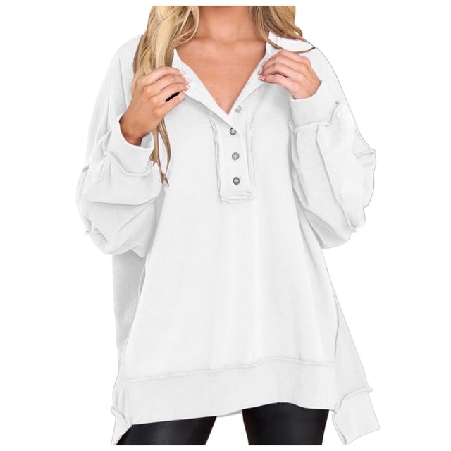 WEAIXIMIUNG Chandails en Molleton Courts pour Femmes Grande Taille Chandail en Molleton Ample à Col Rond Boutonné Pull Décontracté Automne/hiver