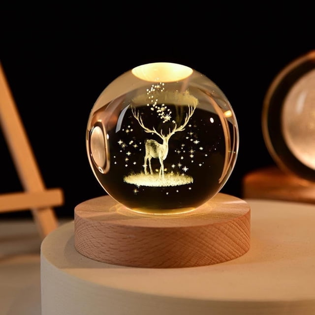 InnotechSC Figuras de Delfines 3D de Regalo de Ciervos en Bola de Cristal de 60 Mm con Esfera de Vidrio Grabado con Láser Decoración Del Hogar con Base de Luz de Madera