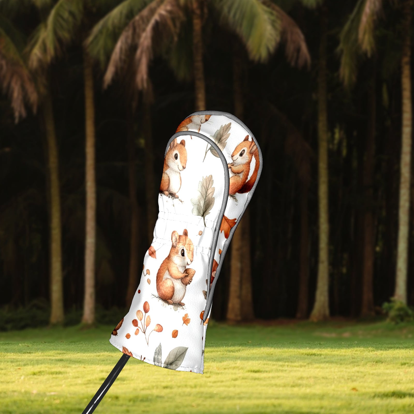Golf Head Covers Squirrel & Pine Cones Design for Driver, Wood & Hybrid, Premium Waterproof PU Leather with Plush Lining, Forest Themed Golf Gifts