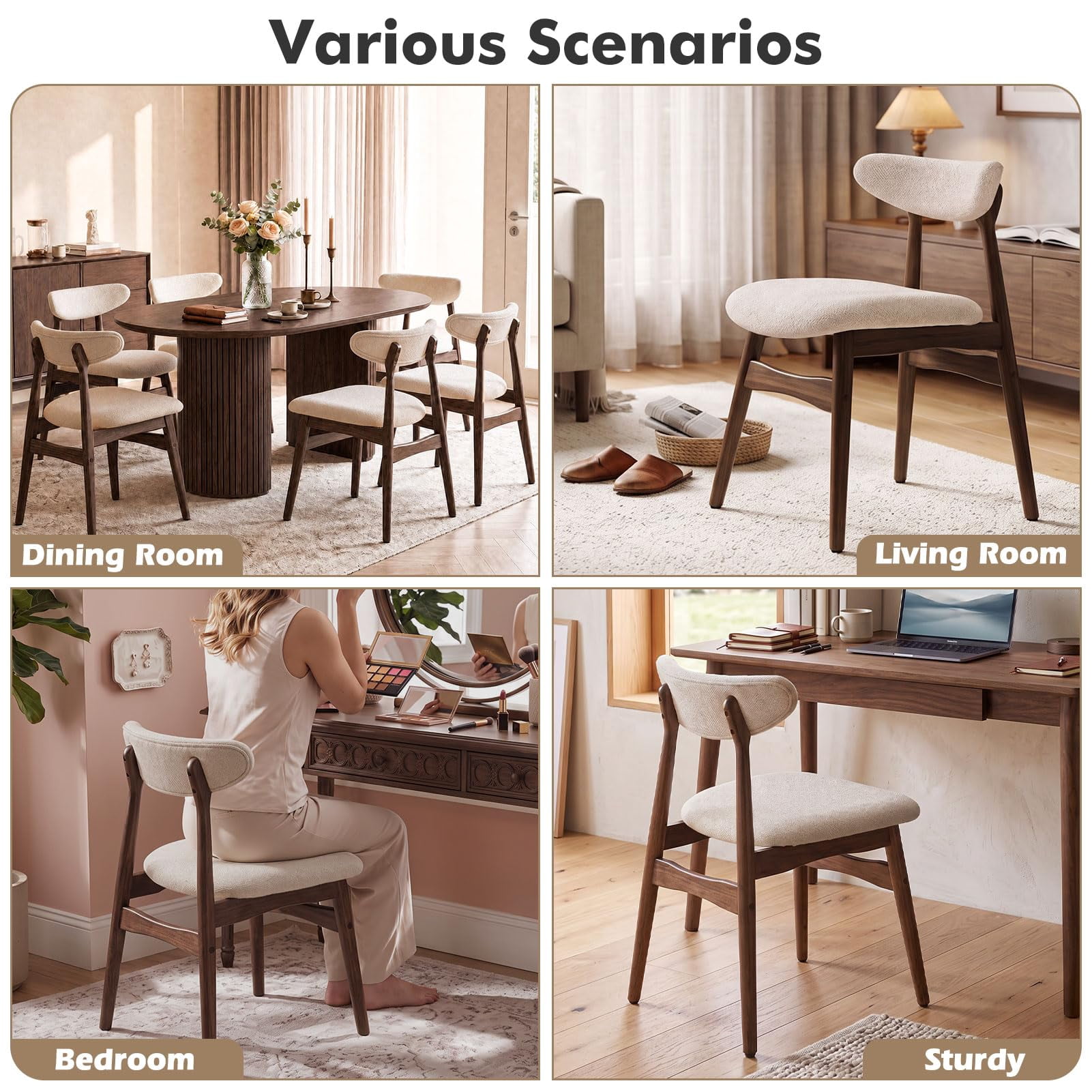 Upholstered Dining Chairs Set of 2, Lumbar-Ergonomic Backrest Chairs with Adjustable Foot Pads