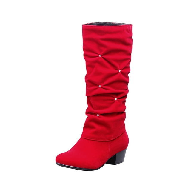 jsaierl Women's Rhinestone Booties Suede Stacked Mid Calf Boots - Ladies Mid Heels Chunky Knee High Boot