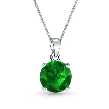 - 2 CT Solitaire Round Green Pendant Cubic Zirconia Simulated Emerald CZ Rhodium Plated Sterling Silver 18 Inch