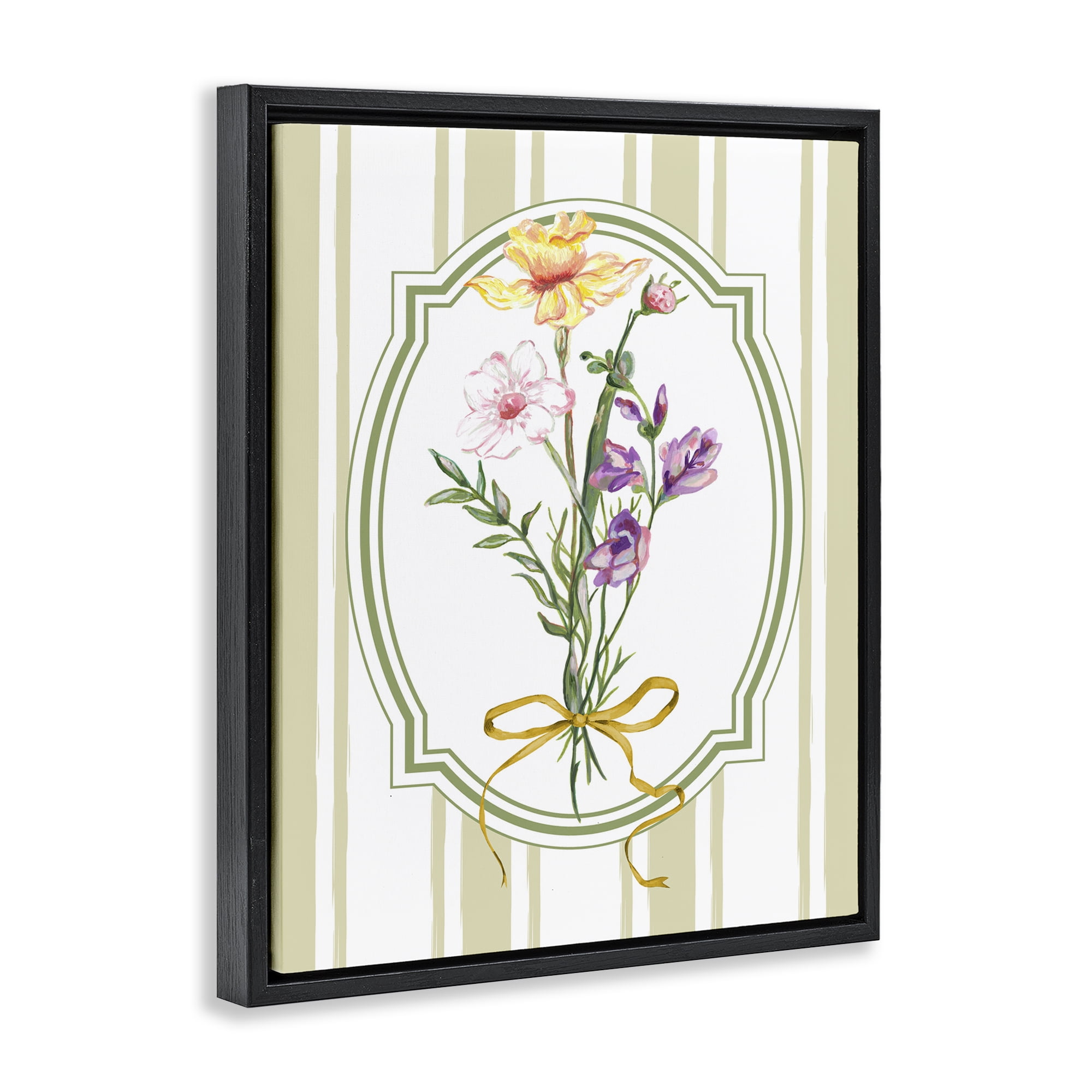 Vintage Wildflowers with Ribbon Black Framed Floater Canvas Wall Art, design by Adonna Ebrahimi