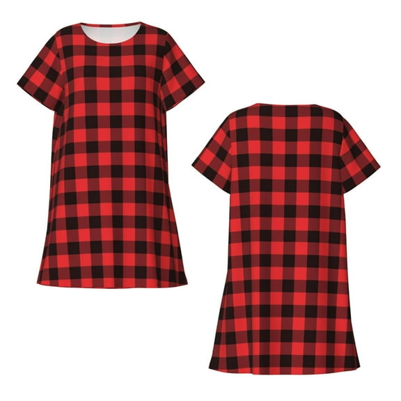 Horeoi Buffalo Plaid Red Black Print Women's Short-sleeved Nightdress Breathable Cotton-like Material Loose A-line Knee-length