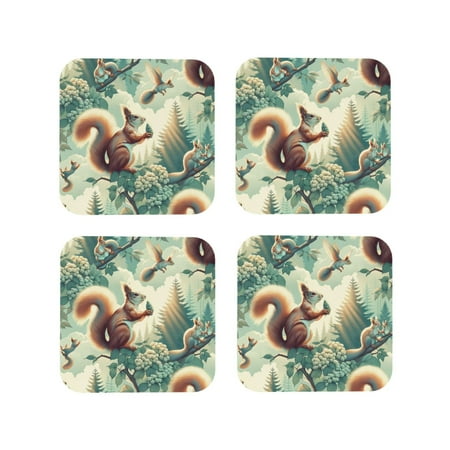 

Matuu Forest squirrel surreal for Cup Coasters Set of 4 Leather Coasters Desk Coasters for Office Measures 4” x 4”-Square