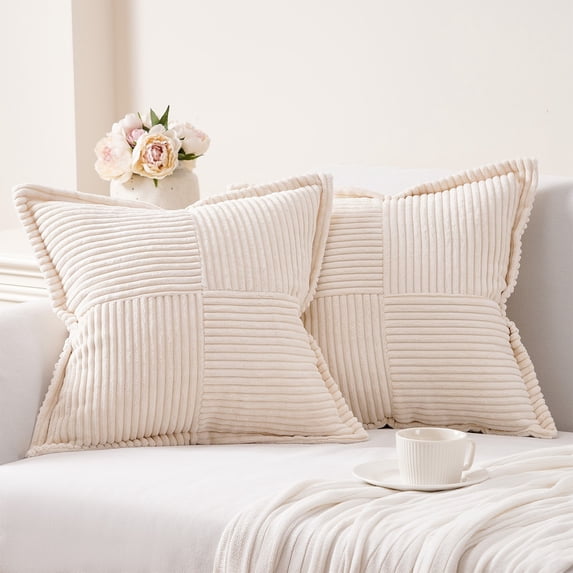 Topfinel 2 Piece Wide Side Pillowcase with Splicing,, Fall Winter Super Soft Corduroy Sofa Pillowcase Decorative Texture Pillow, Crea, 20x20 Inches