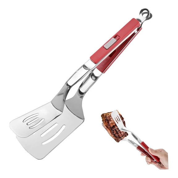 Double-Sided Stainless Steel Grill Clamp Spatula, Anti-Scald Extended Handle Spatula Tong for Flipping Bread Steak Fish Toast