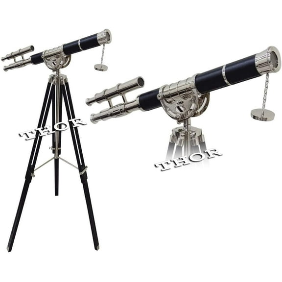 Solid Brass Floor Standing Double Barrel Telescope Black leather W/ Tripod Home Decor
