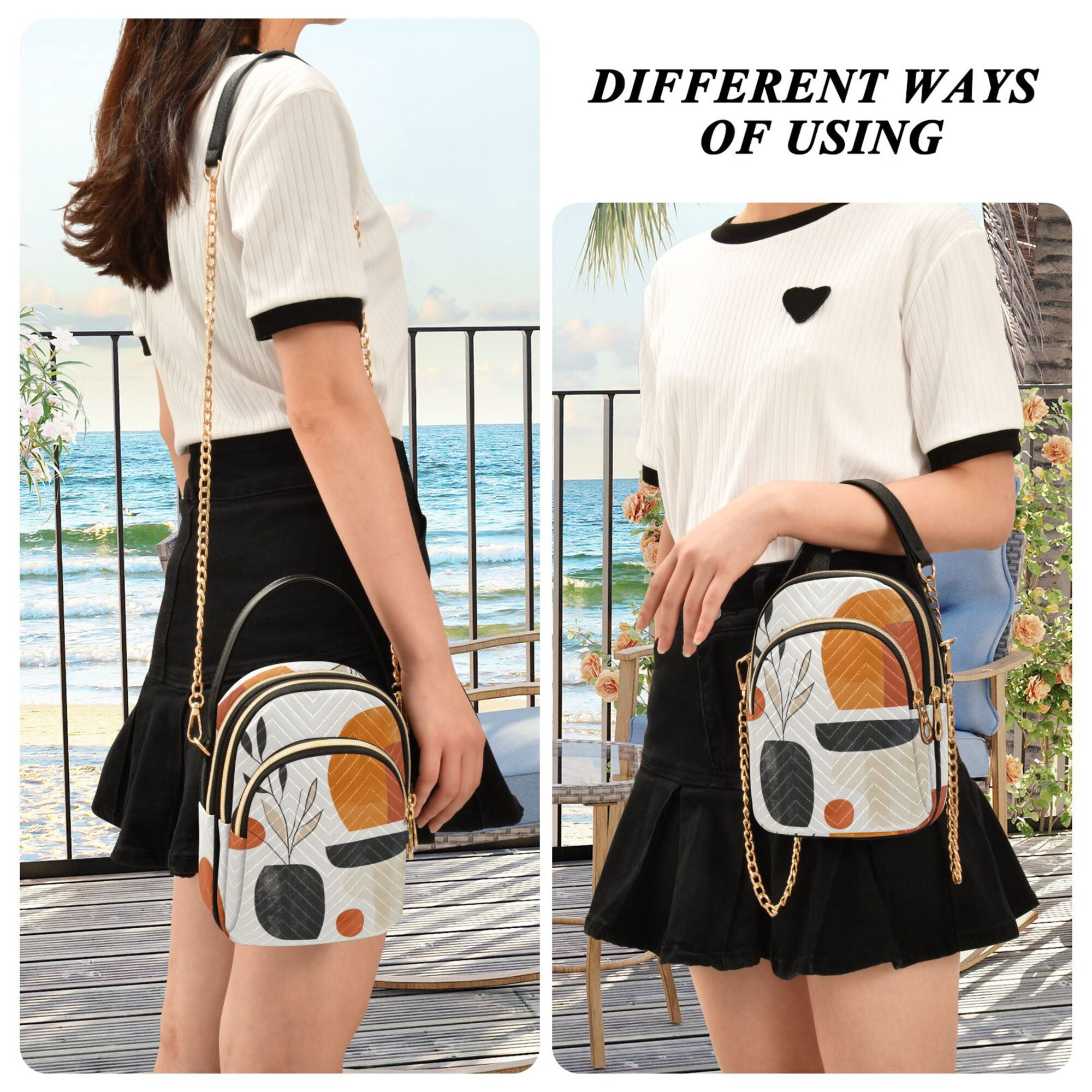 FORMRS Crossbody Bag for Women Quilted Travel Shoulder Cell Phone Purse with Chain Strap Handbag, White Abstract Shapes