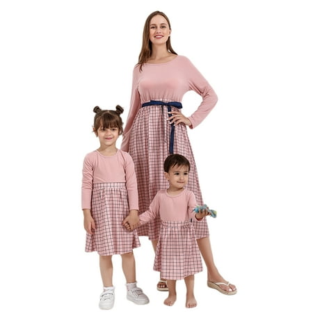 

AMILIEe Mom and Me Matching Dresses Women Kid Baby Girls Long Sleeve Plaid Dress