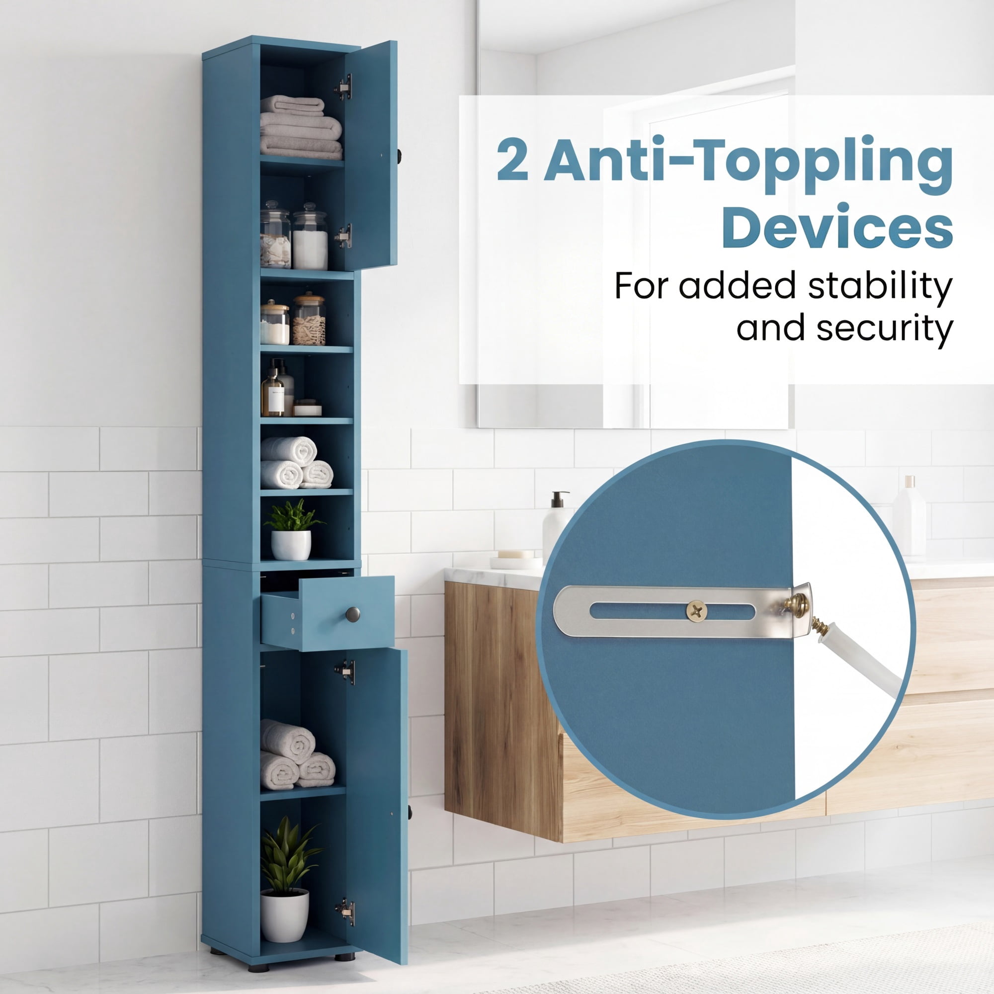 Costway Slim Bathroom Tall Cabinet with 2 Doors, 1 Drawer & 5 Adjustable Shelves for Home Blue
