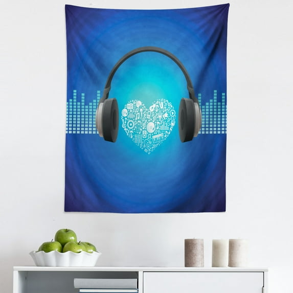Music Tapestry, Headphones Earphones Heart Shape Disk on Circular Geometrical Background, Fabric Wall Hanging Decor for Bedroom Living Room Dorm, 5 Sizes, Royal Blue and Grey, by Ambesonne
