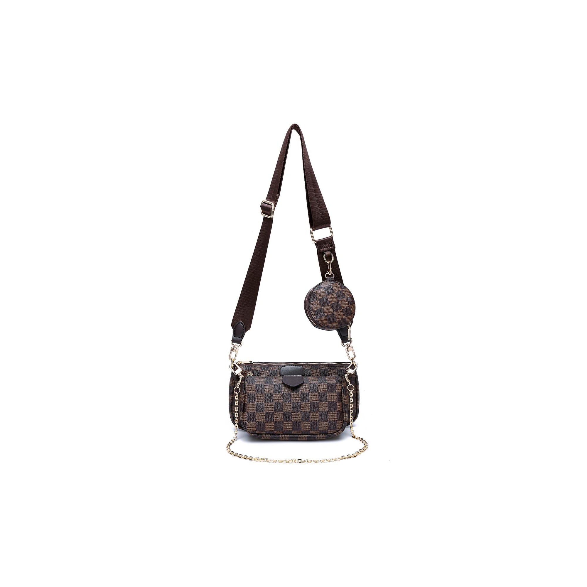 Sexy Dance Womens Checkered Tote Shoulder Bag,PU Vegan Leather Crossbody  Bags,Fashion Satchel Bags,Big Capacity Handbag With Coin Purse including 3  Size Bag 6 in 1 Set,Brown Checkered 