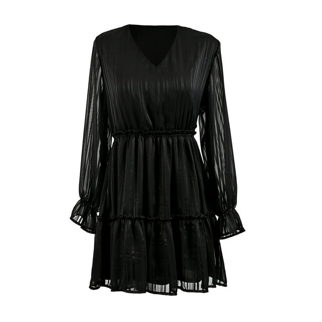Vestido George para Dama, Escote V, con Paneles, Manga Larga Negro Talla G