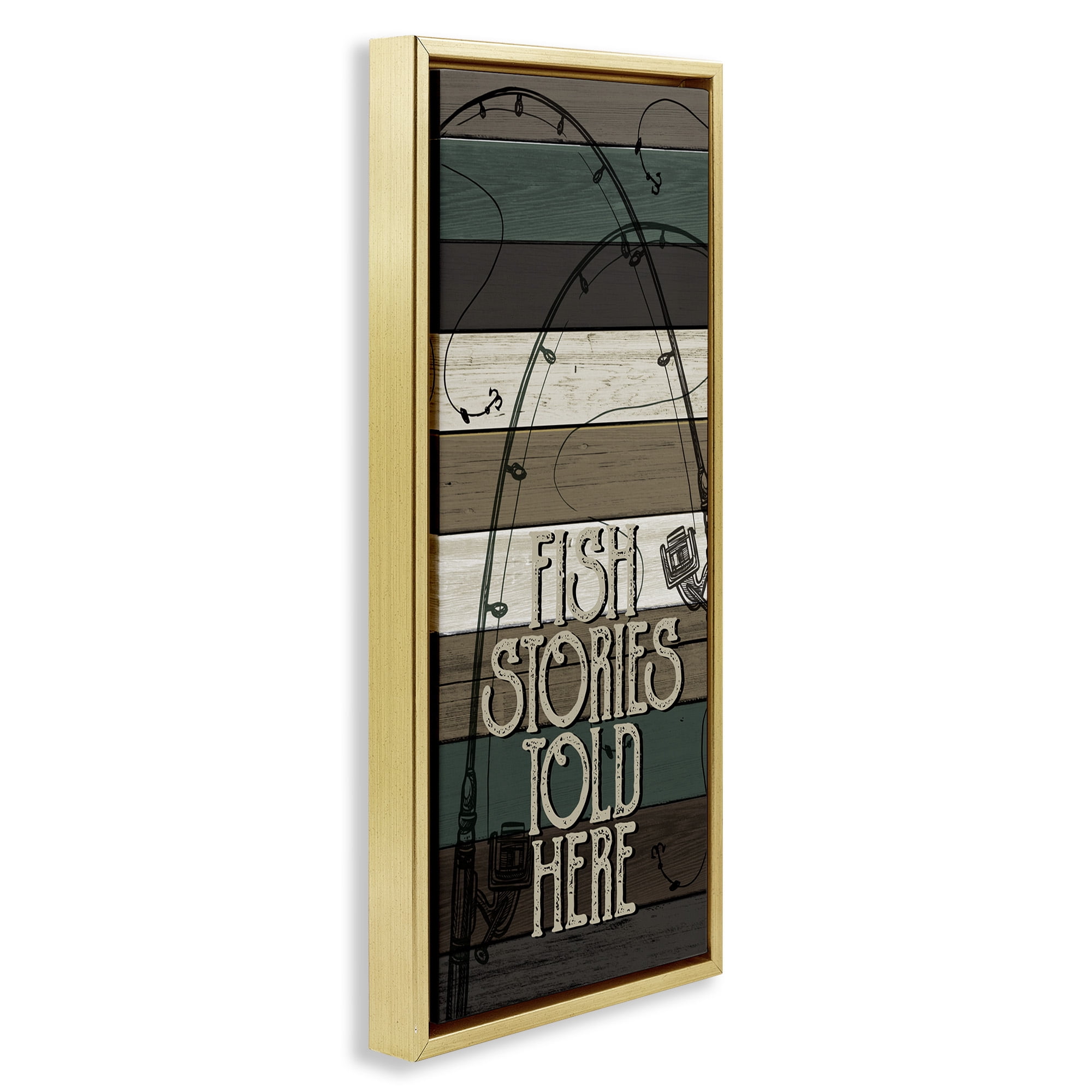 Stupell Industries Rustic Fishing Stories Phrase Inspirational Painting Gold Floater Framed Canvas Art Print Wall Art, 15 x 31