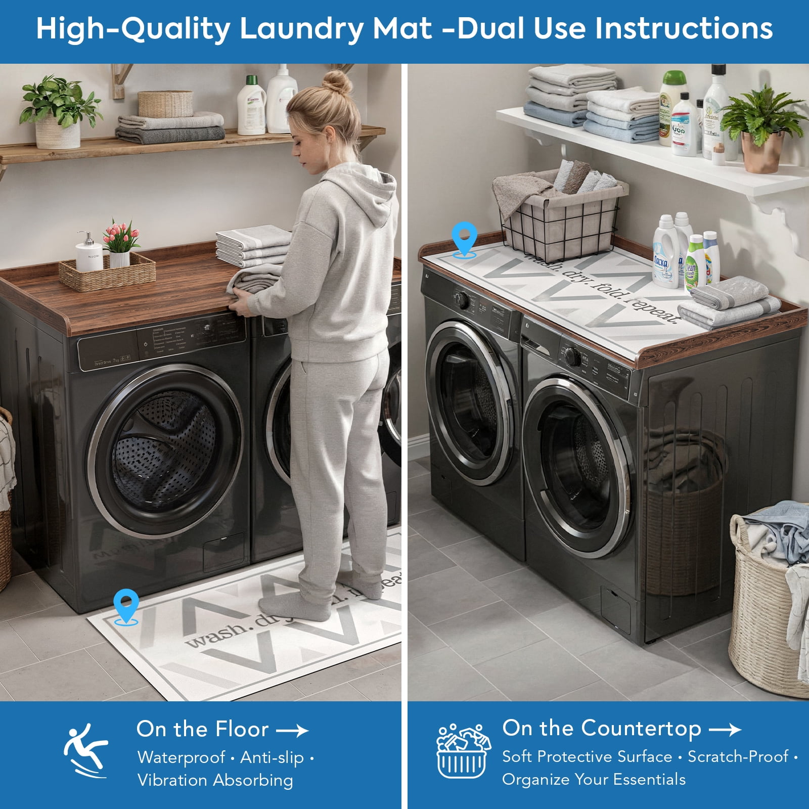 27.6" D x 54" W Wood Washer Dryer Countertop with Anti-Slip Pad, Laundry Room Organization Set, Dryer Covers for The Top with Edge Rails, Washer Dryer Topper for Laundry Room, Walnut
