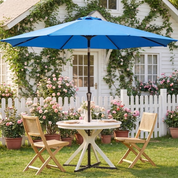 SHOUFTW 9 ft Patio Market Umbrella, Outdoor Table Umbrella with Crank Lift and Tilt, Round Sun Shade for Garden, Deck, Backyard, Poolside, Khaki, Blue