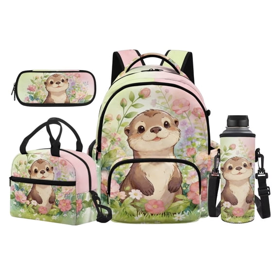 Yuyamidu Adorable Otter Kids Backpack 4Pcs Set for Girls 5-8 8-12 Elementary School Rucksack with Lunch Bag Pencil Case Water Bottle Sleeve 17 Inch Schoolbag Set