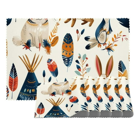 

Placemats Set of 6 Non Slip Washable Table Placemats Ethnic Indian Cartoon Animals