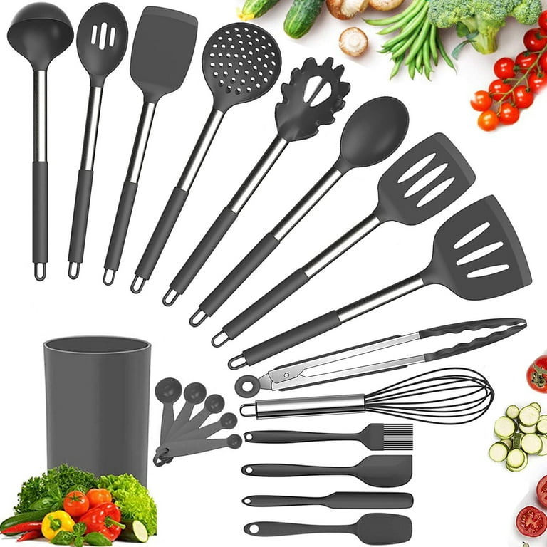 Daily Kitchen Cooking Spoons Set Heat Resistant Silicone and Stainless  Steel Metal - Best Serving Spoon with Rubber Grip - Flexible Silicone Spoon  for