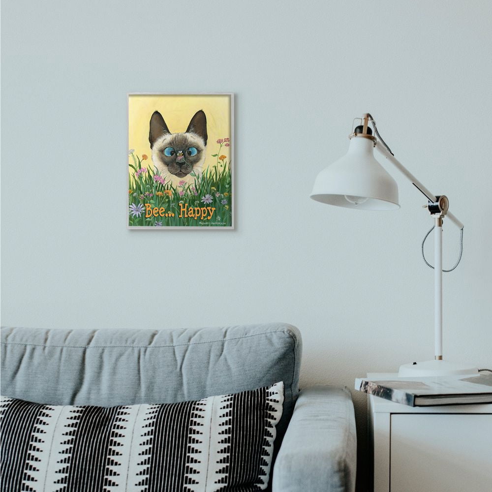 Stupell Industries Bee Happy Funny Cat Cartoon Pet Design Framed Wall Art by Gary Patterson
