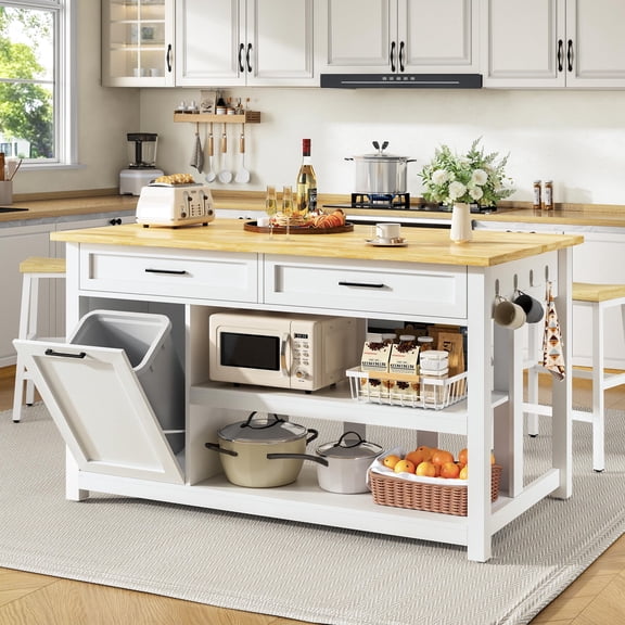 ChicZhiNest Kitchen Island with Seating Include 2 Stools, 47" Solid Rubberwood Dining Table with Power Outlet, 6 Hooks, Kitchen Bar Table Set with 2 Drawers & Open Shelves Storage Cabinet, White