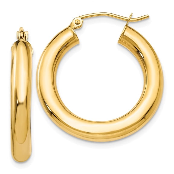 14k Yellow Gold Polished 4mm Lightweight Round Hoop Earrings - Measures 25mm long 4mm Thick