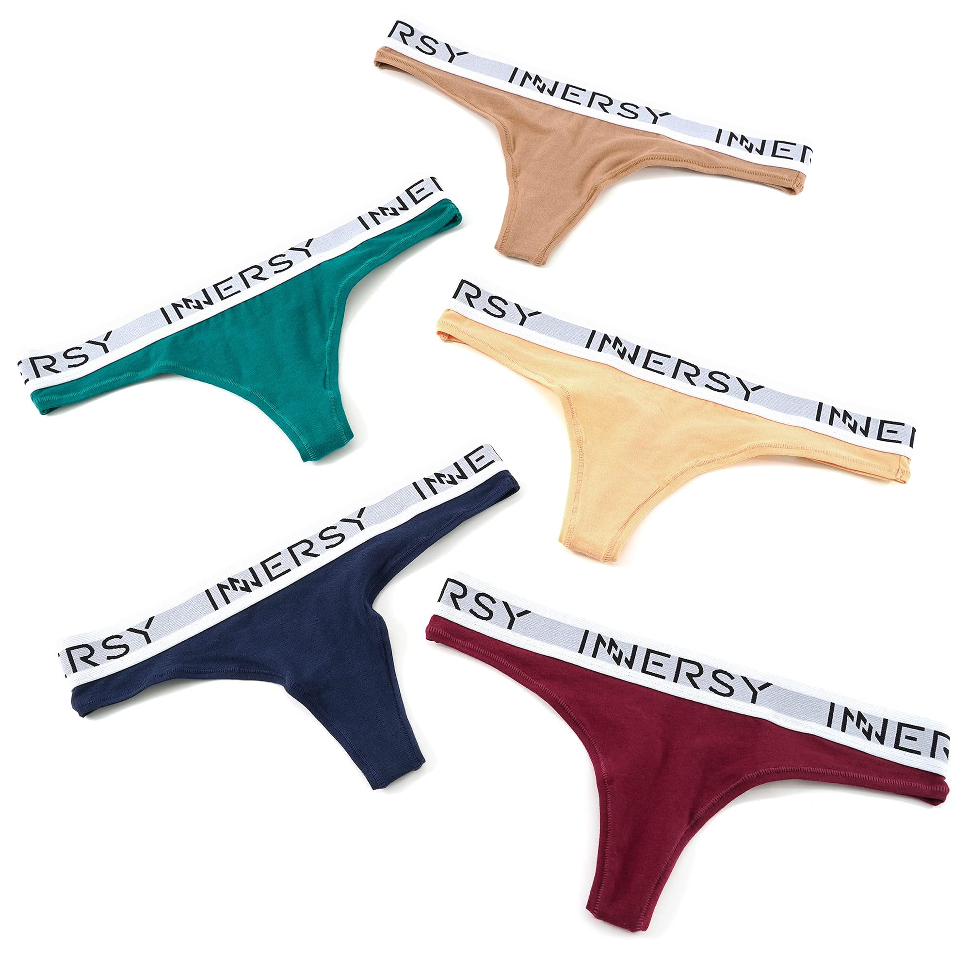 INNERSY Women's Thong Panty Cotton Sporty Thong Underwear 5-Pack (L, Vivid)