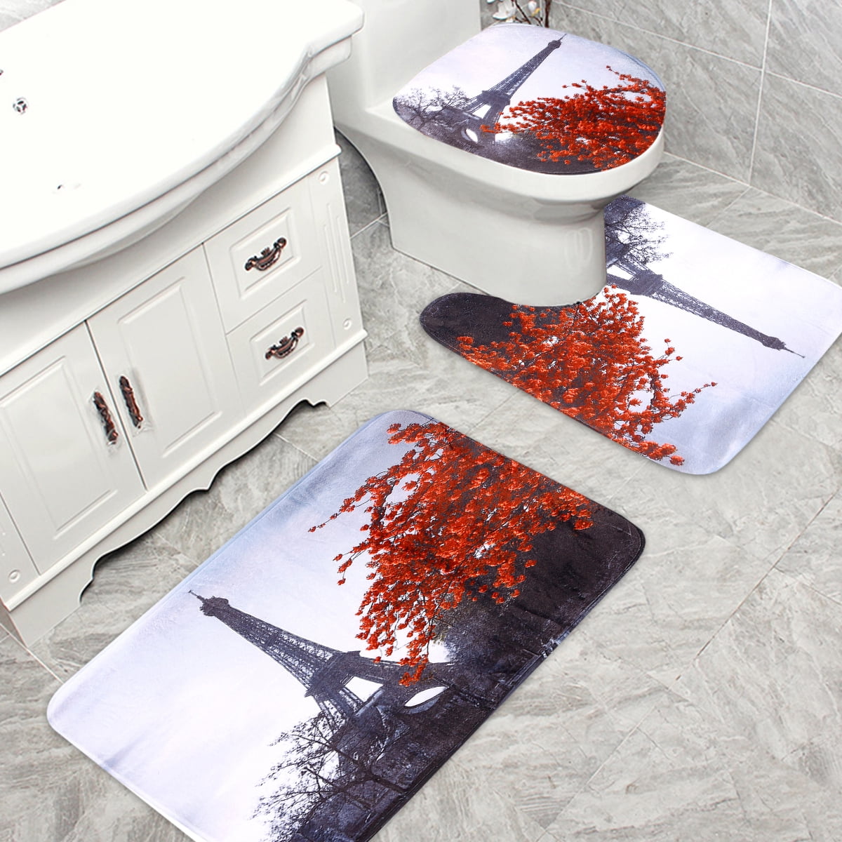 Bathroom Mat Carpet Set Anti Slip Floor Rugs Cushion Toilet Seat Cover Bath 3Pcs