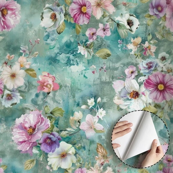 Watercolor Pink Purple Floral Wallpaper Vintage Boho Rustic Peel and Stick Wallpaper Waterproof Wall Decor for Living Room Bedroom Bathroom Kitchen Cabinet Drawer Rental Property 17.7 * 118 in