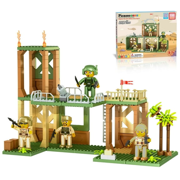 PicassoTiles 186PCS Military Combat Force Magnetic Tiles & Brick Construction Set, STEM Educational Toy for Kids Age 3 , Compatible with Popular Brick Brands