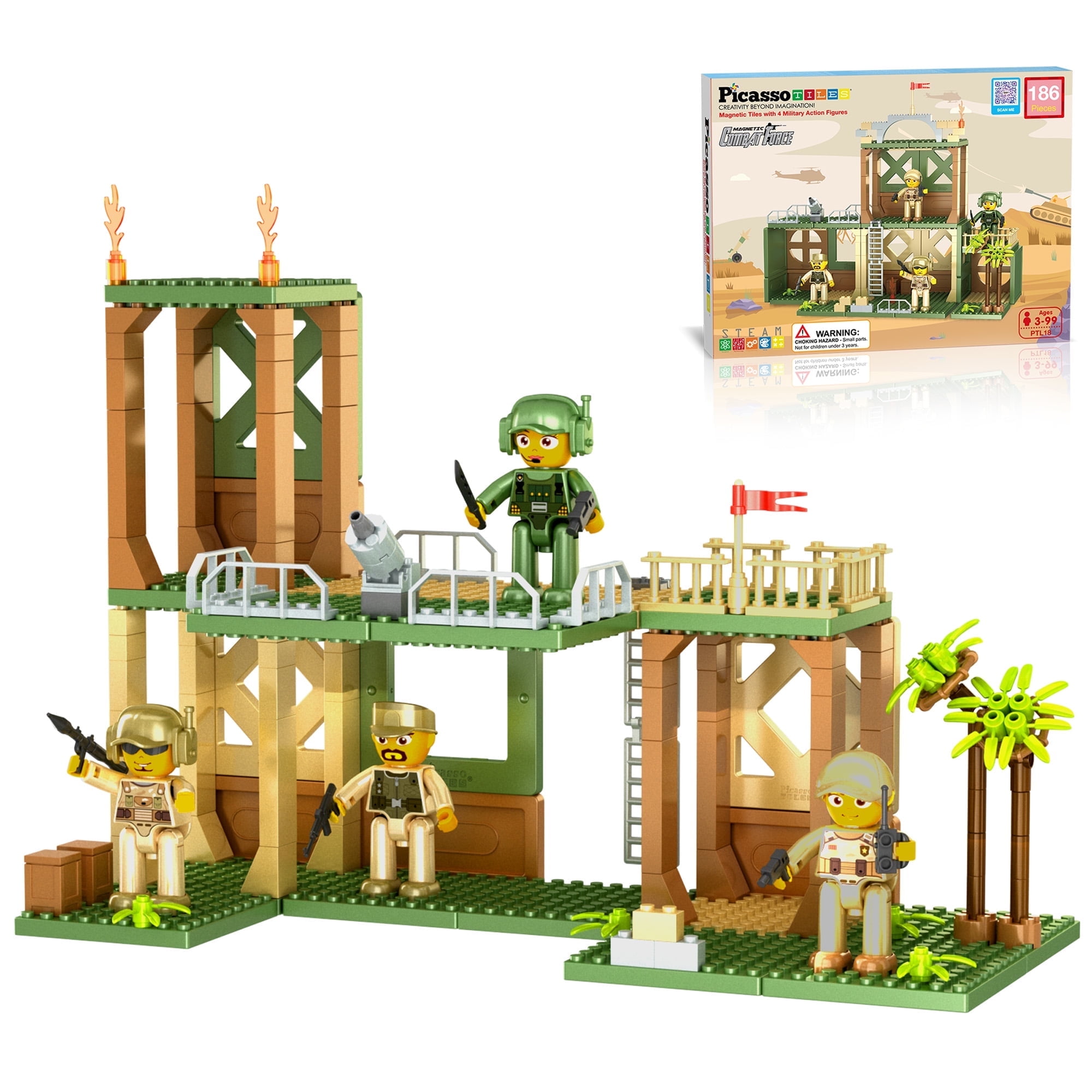 PicassoTiles 186PCS Military Combat Force Magnetic Tiles & Brick Construction Set, STEM Educational Toy for Kids Age 3+, Compatible with Popular Brick Brands