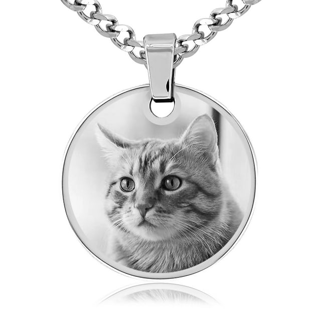 Photos Engraved - Photo Personnalisée Pendentif Rond Gravé en Acier Inoxydable - Gravure sur le Côté Libre - 18 Po Chaîne Incluse - W-MCPM