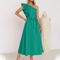 thumbnail image 2 of SMihono Women's Ruffle One Shoulder Dress Solid Color Bowknot Sash Tie High Waist A-Line Swing Party Dresses Green 10, 2 of 5