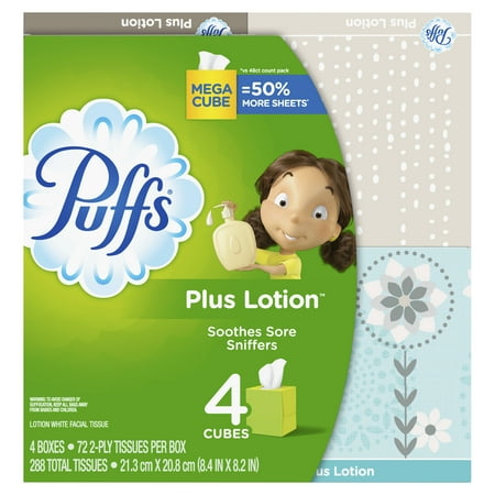 French Tissue - Puffs Plus Lotion Facial Tissue, 4 Mega Cubes, 72 Facial Tissues Per Cube