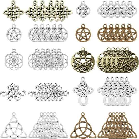 1 Box 60Pcs 10 Styles Celtic Knot Charms Pendants Pagan Chinese Trinity Knot Flower of Life Tibetan Style Alloy Hollow Pendants