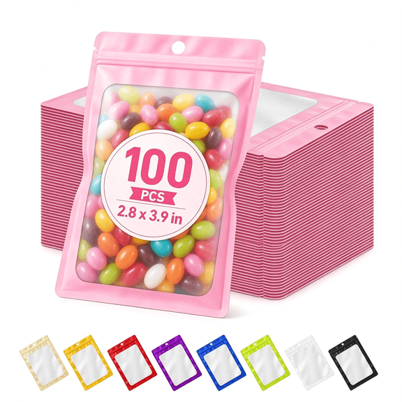 CCOCC 100Pcs Mylar Bags Resealable,Small Pink Smell Proof Bag 2.75X3.93|Sealable Candy Bags for Small Business,With Frosted Clear Window,Foil Zipper Pouch for Treat Snack Food Jewelry Packaging